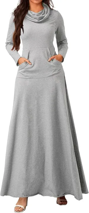 ZWRXW Womens Turtleneck Maxi Dress Casual Long Sleeve Fall Winter Elegant Solid Plus Size Swing Long Dresses with Pocket
